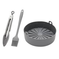 Juvale 4-Piece Set Silicone Pot Basket With Handles, Brush, Tongs For Air Fryer Liner (7.5 In, Gray)